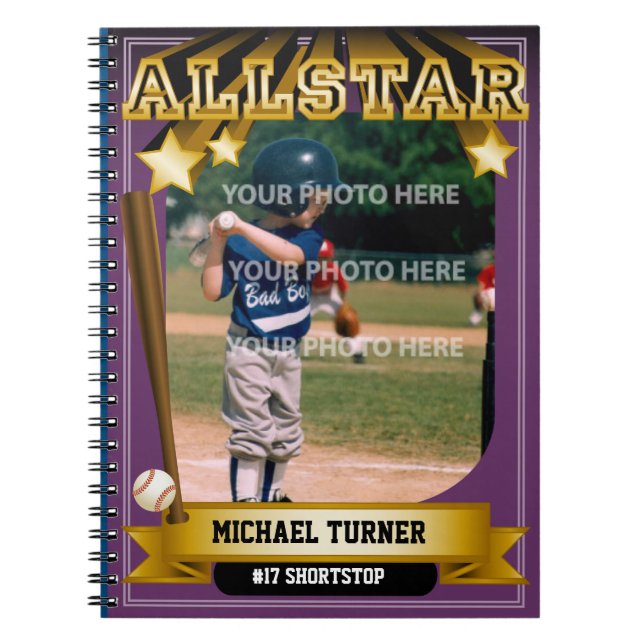 Caderno Espiral Cartão de basebol roxo de ALLSTAR (Frente)