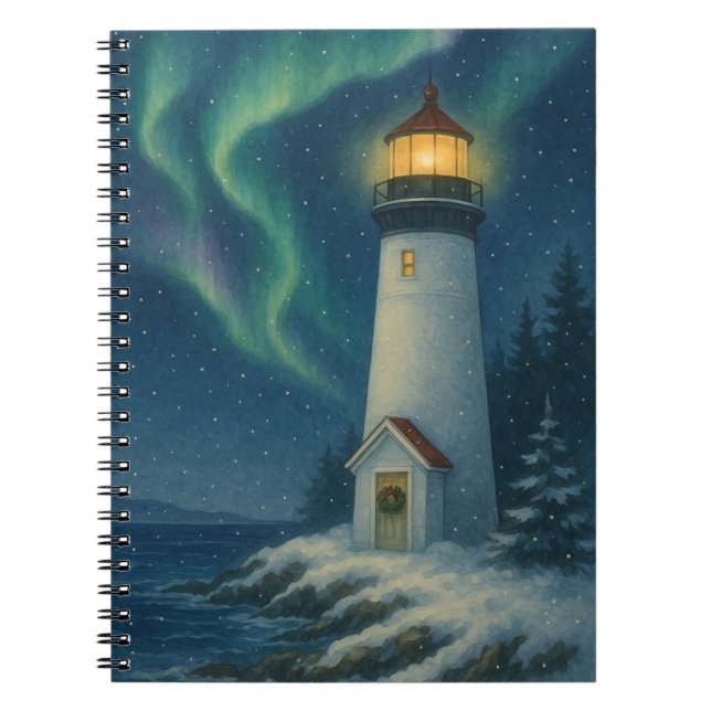 Caderno Espiral Cartão de Natal Aurora Lighthouse (Frente)