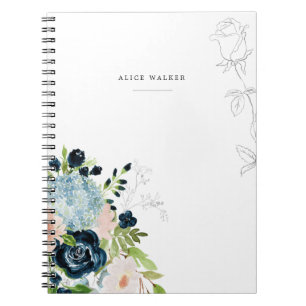 Caderno Espiral Cartão de Nota de Papelaria Floral Azul Meia-Noite