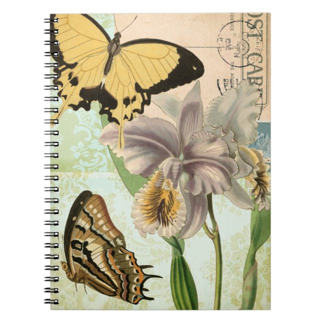 Caderno Espiral Cartão-postal com borboletas e flores (Frente)