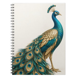 Caderno Espiral Cartaz de Arte de Pavão Azul Elegante e Dourado
