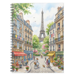 Caderno Espiral Cartaz de Rua de Paris em Aquarela, Torre Eiffel n