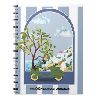 Caderno Espiral Cartaz de Viagem de Verão Mediterrâneo de Scooter