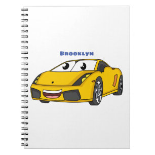 Caderno Espiral Cartografia de carro esportivo amarelo e bonito