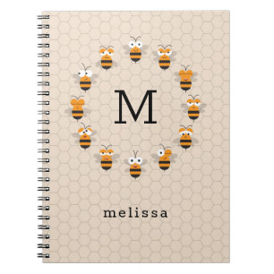 Caderno Espiral Cartoon Cute Monograma Mel Abelhas Honeycomb