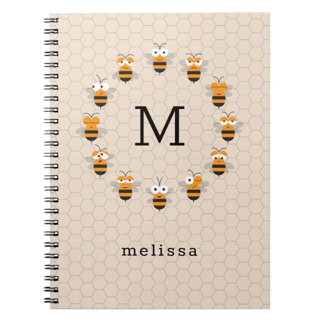 Caderno Espiral Cartoon Cute Monograma Mel Abelhas Honeycomb (Frente)