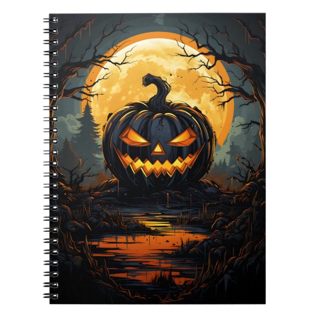 Caderno Espiral Cartoon Dark Blue Jack O Lanterna Na Floresta (Frente)