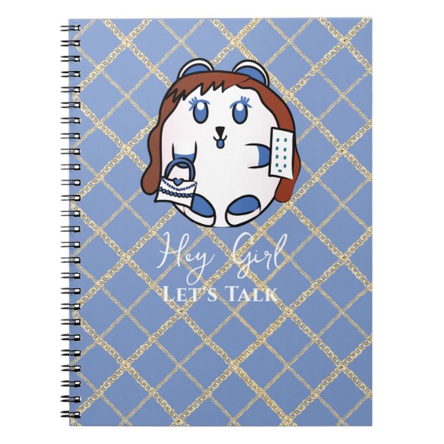 Caderno Espiral Cartoon de Animal Fofinho Azul Branco Dourado para (Frente)