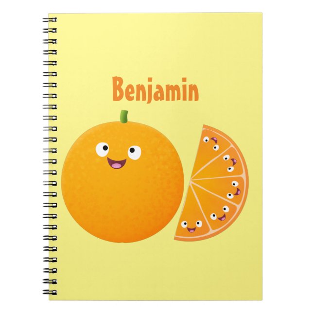 Caderno Espiral Cartoon de fruta de citros de laranja feliz (Frente)