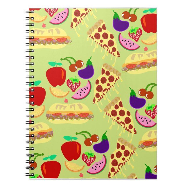 Caderno Espiral Cartoon divertido Comidas bonitas e feliz padrão (Frente)