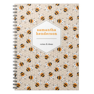 Caderno Espiral Cartoon Funny Honey Bee Honeycomb Padrão