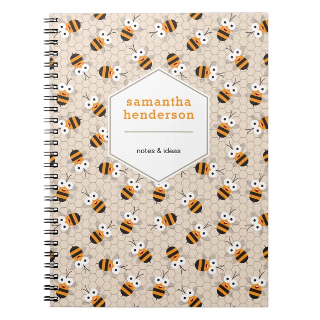 Caderno Espiral Cartoon Funny Honey Bee Honeycomb Padrão (Frente)