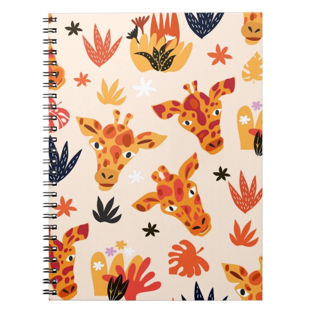 Caderno Espiral Cartoon Girafa: Padrão Floral de Savana (Frente)