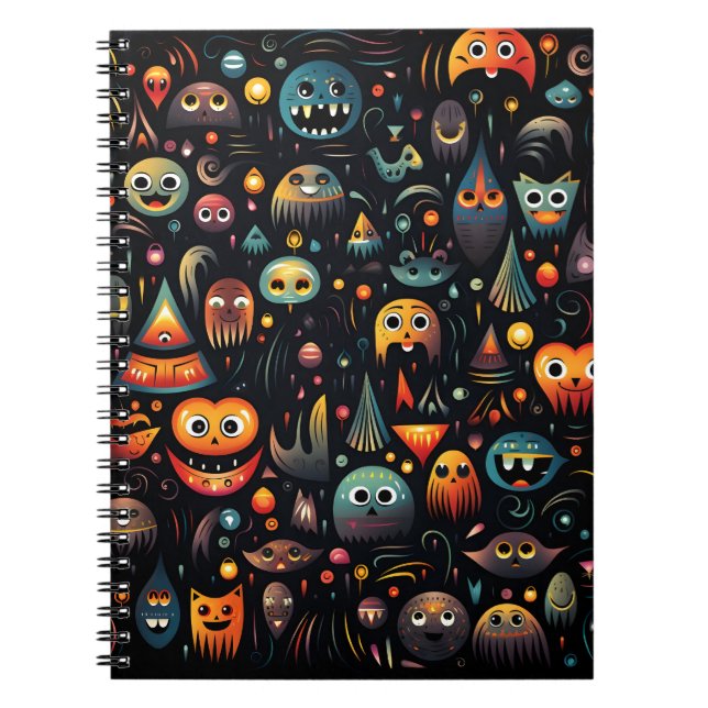 Caderno Espiral Cartoon Halloween Padrão Monstros Legal e Fantasma (Frente)