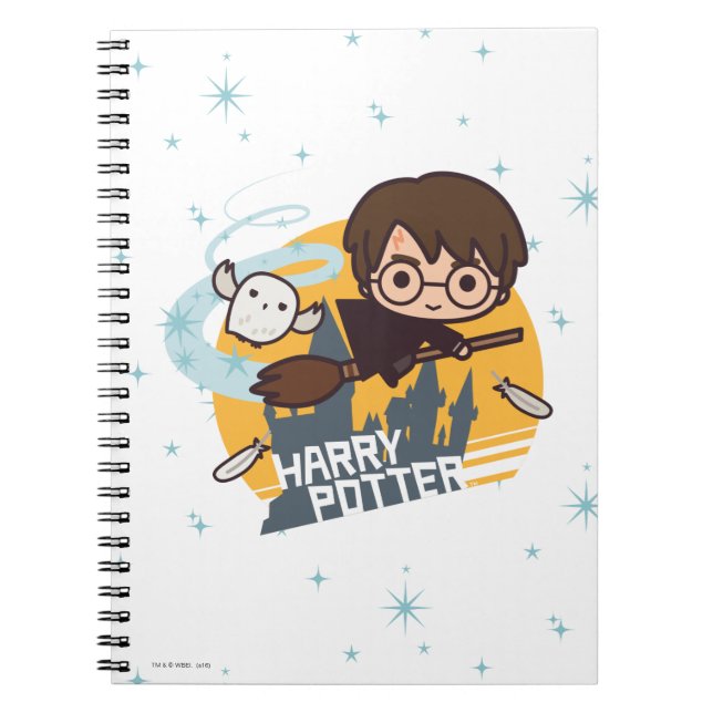 Caderno Espiral Cartoon Harry e Hedwig voando no passado Hogwarts (Frente)