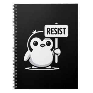 Caderno Espiral Cartoon Penguin Holding Sinal RESIST - B & W