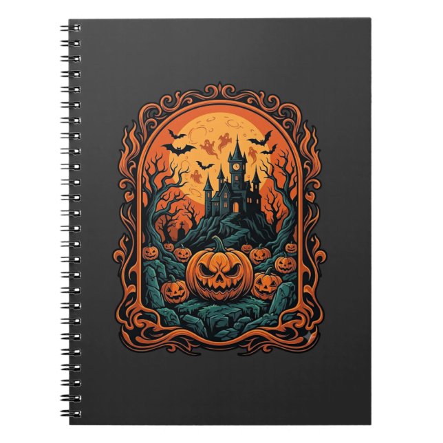 Caderno Espiral Casa Assombrada Abóbora de Halloween Morcegos Lua  (Frente)