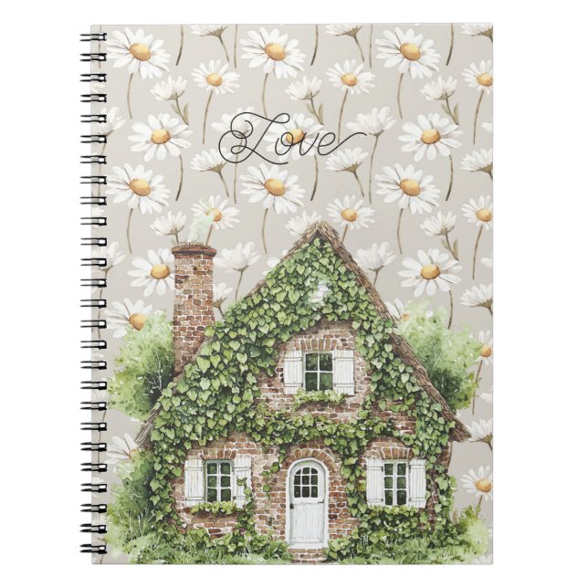 Caderno Espiral Casa coberta com flores de margarida de hera verde (Frente)