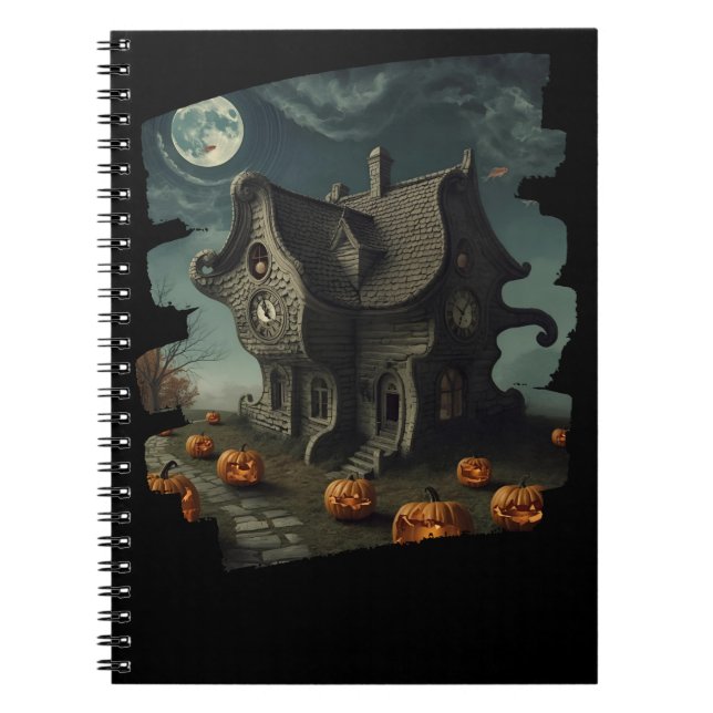 Caderno Espiral Casa de Halloween Assombrada com Pumpkins e Lua Ch (Frente)