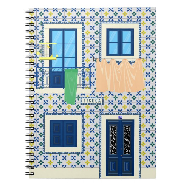 Caderno Espiral Casa portuguesa Lisboa com azulejos e aves (Frente)