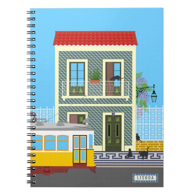 Caderno Espiral Casa velha de Lisboa com gatos e elétrico amarelo (Frente)