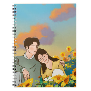 Caderno Espiral Casal bonito em um campo de girassol