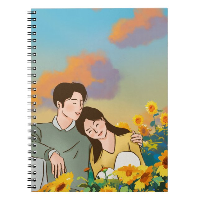 Caderno Espiral Casal bonito em um campo de girassol (Frente)