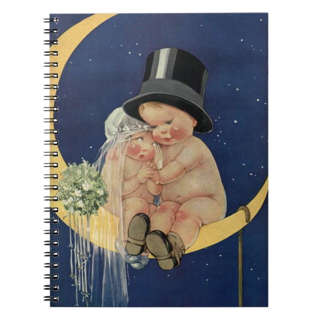 Caderno Espiral Casamento Antigo, Noiva e Noivo Fofo em uma Lua (Frente)