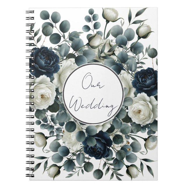Caderno Espiral Casamento Azul Escuro e Branco com Florais Moderna (Frente)
