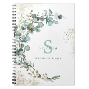 Caderno Espiral Casamento Botânico com Brilho de Eucalipto Dourado