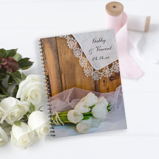 Caderno Espiral Casamento com Tulipas Brancas Rústicas (Criador carregado)