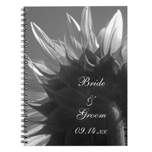 Caderno Espiral Casamento de Girassol no Jardim Negro e Branco (Frente)