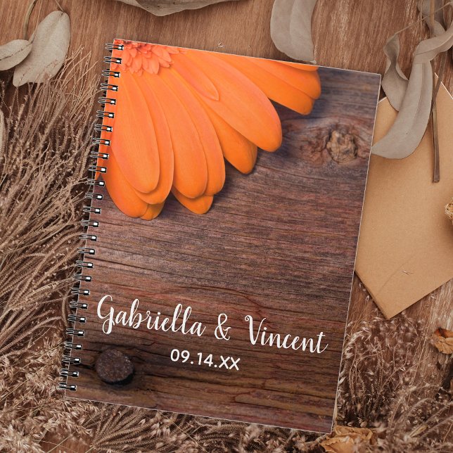 Caderno Espiral Casamento de Madeira Rústica Laranja Daisy Country (Criador carregado)