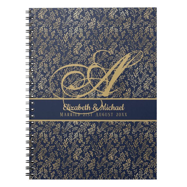 Caderno Espiral Casamento de recém-casados com folhas Douradas azu (Frente)