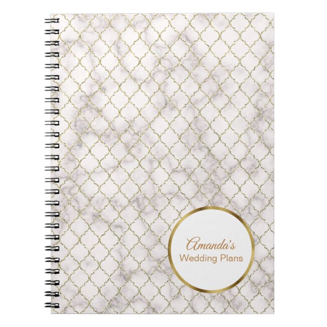 Caderno Espiral Casamento Dourado de Mármore Branco Elegante e Qua (Frente)