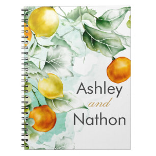Caderno Espiral Casamento Elegante de cor d'água floral e Fruta