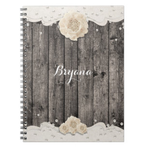 Caderno Espiral Casamento Flor Branca Romântica & Pérolas Madeira 
