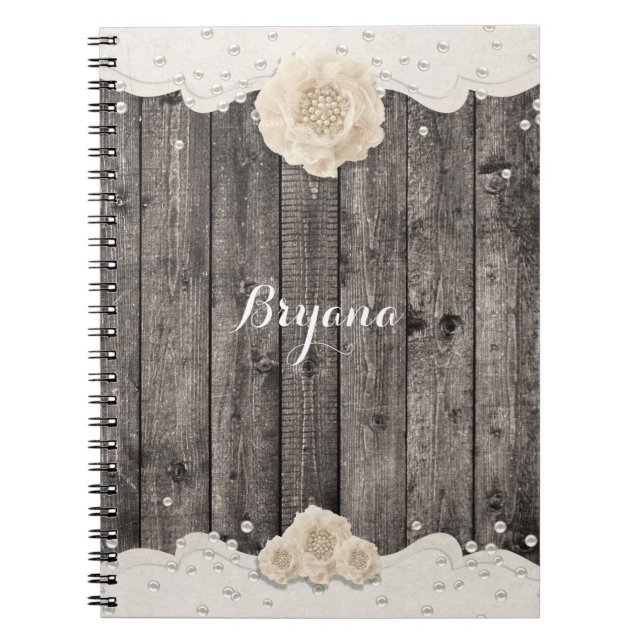 Caderno Espiral Casamento Flor Branca Romântica & Pérolas Madeira  (Frente)