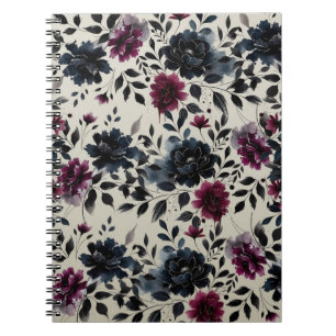 Caderno Espiral Casamento Floral Azul Burgundy Meia-Noite Amêndoa