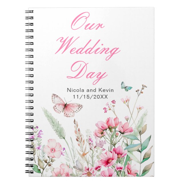 Caderno Espiral Casamento Floral com Borboleta Rosa primavera (Frente)