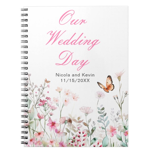 Caderno Espiral Casamento Floral com Borboleta Rosa Profunda prima (Frente)