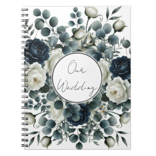 Caderno Espiral Casamento Floral Moderno Azul Escuro e Branco