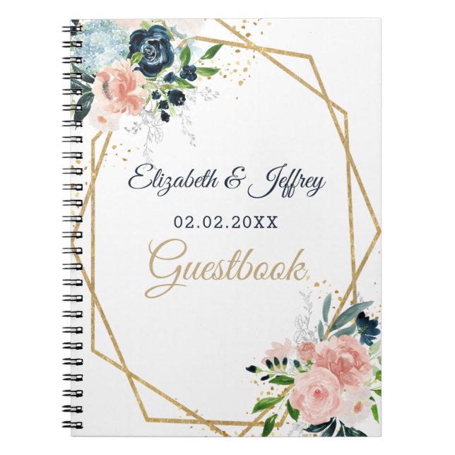 Caderno Espiral Casamento Geométrico Floral Dourado Blush Marinho  (Frente)