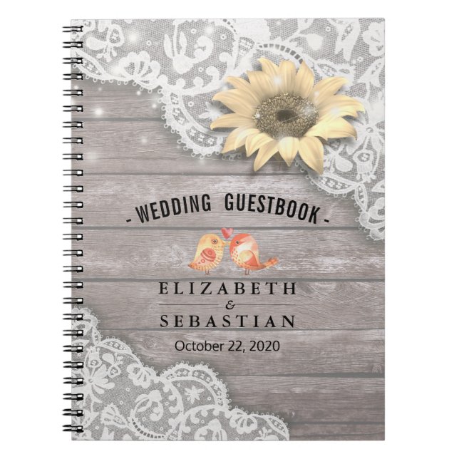 Caderno Espiral Casamento Guestbook Lace Sunflower Wood String Lig (Frente)