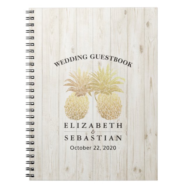 Caderno Espiral Casamento Guestbook Molho Dourado Abacaxi Madeira  (Frente)