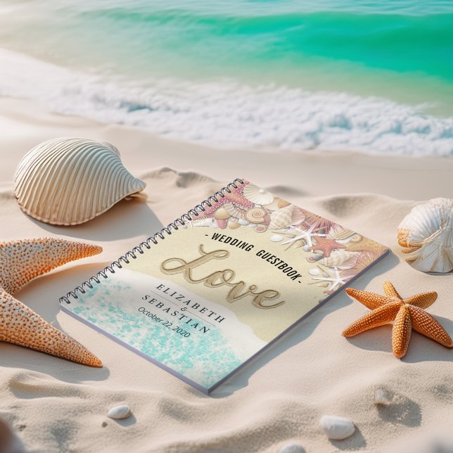 Caderno Espiral Casamento Guestbook Summer Beach Starfish Conchas (Criador carregado)