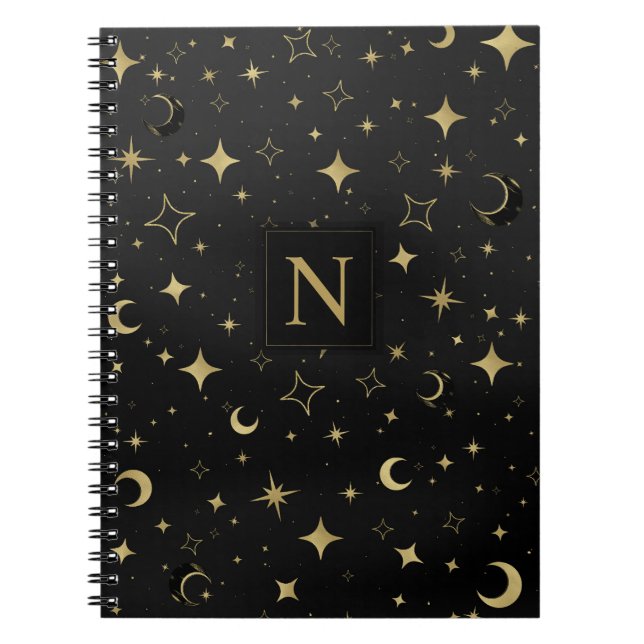 Caderno Espiral Casamento Moderno Celestial Lua Estrelas Preto & D (Frente)
