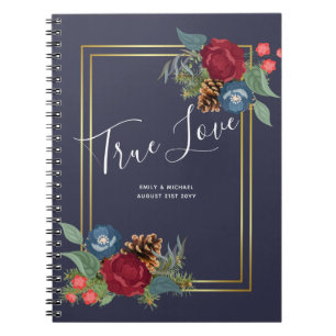 Caderno Espiral Casamento no inverno Borgonha Azul Azul Moderno