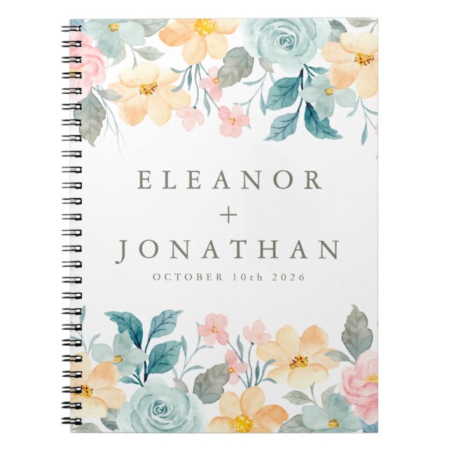 Caderno Espiral Casamento Personalizado Floral de Cor de Água Rosa (Frente)