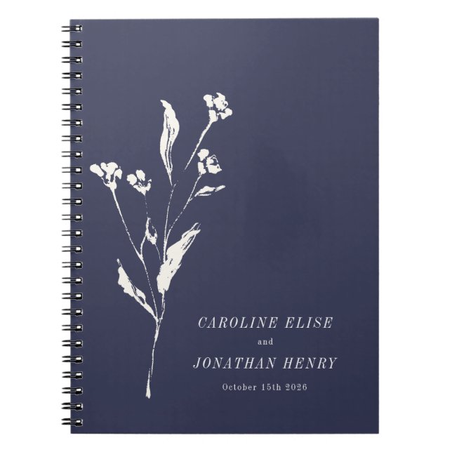 Caderno Espiral Casamento Personalizado Simples Azul Marinho Flora (Frente)